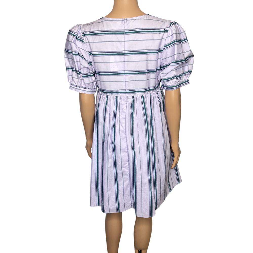 English Factory Puff Sleeve Striped Mini Dress size M Lilac Relaxed Babydoll New - Picture 2 of 10